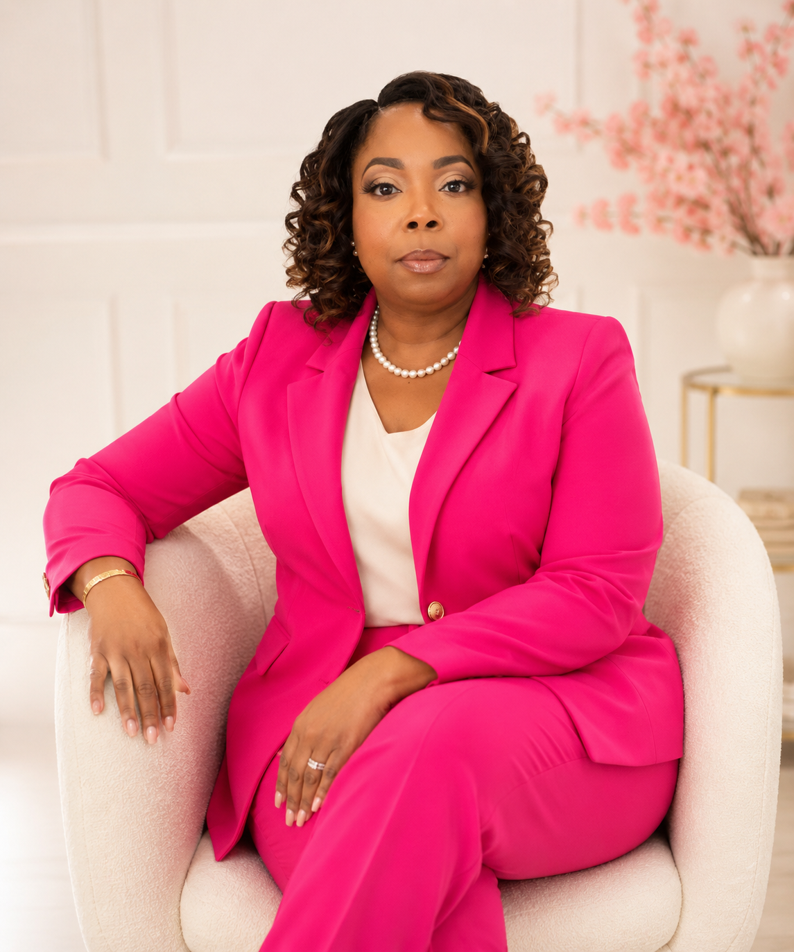 Dr. Tesha D. Colston seated in a cream chair wearing a hot-pink suit