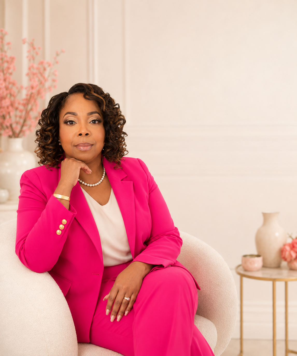 Dr. Tesha D. Colston seated in a cream chair wearing a hot-pink suit